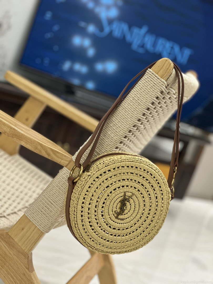 YSL 744292 Saint Laurent Round Bag In Raffia And Vegetable-Tanned Leather