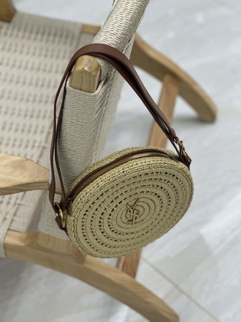 YSL 744292 Saint Laurent Round Bag In Raffia And Vegetable-Tanned Leather