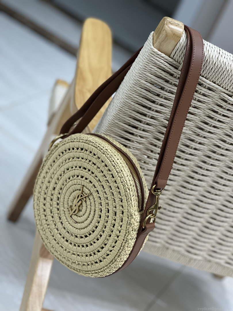 YSL 744292 Saint Laurent Round Bag In Raffia And Vegetable-Tanned Leather