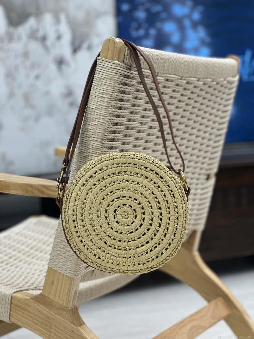 YSL 744292 Saint Laurent Round Bag In Raffia And Vegetable-Tanned Leather