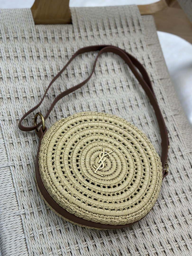 YSL 744292 Saint Laurent Round Bag In Raffia And Vegetable-Tanned Leather