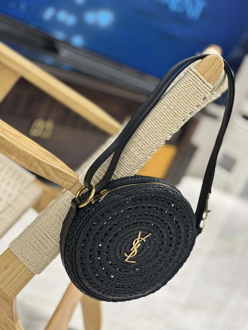 YSL 744292 Saint Laurent Round Bag In Black Raffia And Vegetable-Tanned Leather