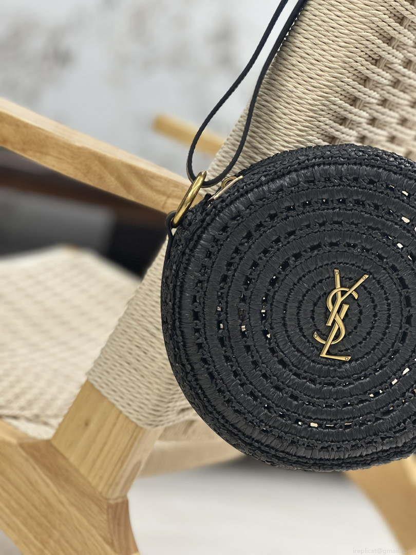 YSL 744292 Saint Laurent Round Bag In Black Raffia And Vegetable-Tanned Leather