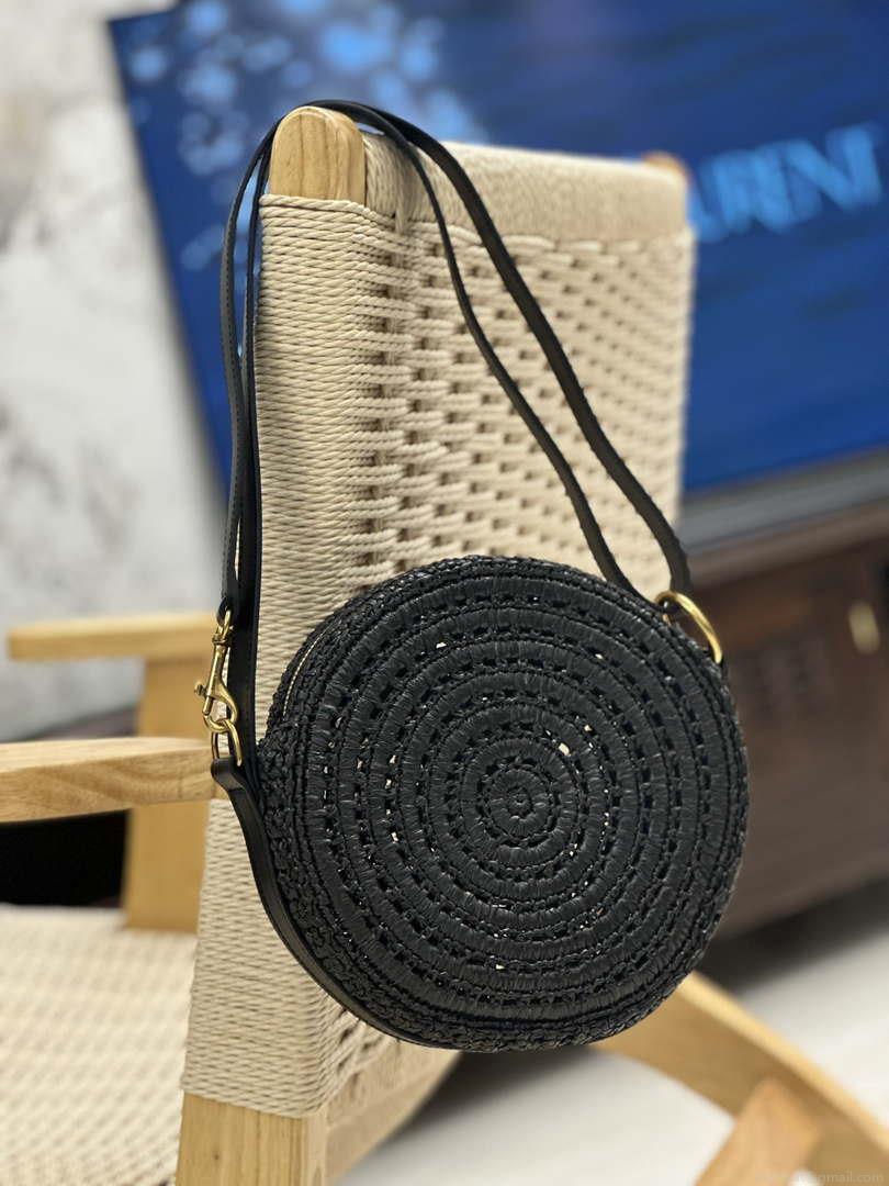 YSL 744292 Saint Laurent Round Bag In Black Raffia And Vegetable-Tanned Leather