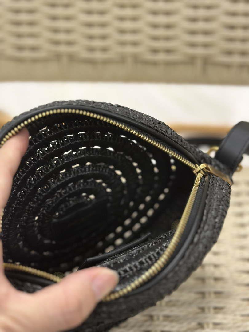 YSL 744292 Saint Laurent Round Bag In Black Raffia And Vegetable-Tanned Leather