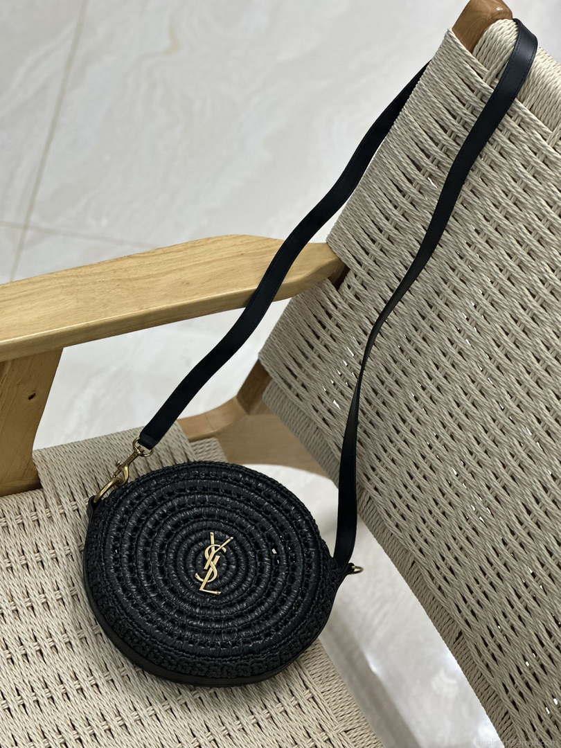 YSL 744292 Saint Laurent Round Bag In Black Raffia And Vegetable-Tanned Leather