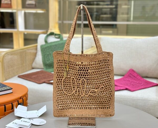 Chloe SUMMER straw and leather tote bag 0824P brown