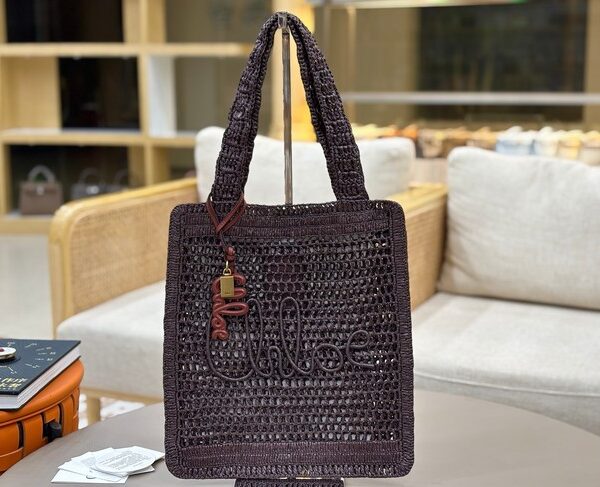 Chloe SUMMER straw and leather tote bag 0824P dark brown