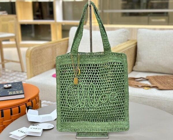 Chloe SUMMER straw and leather tote bag 0824P green