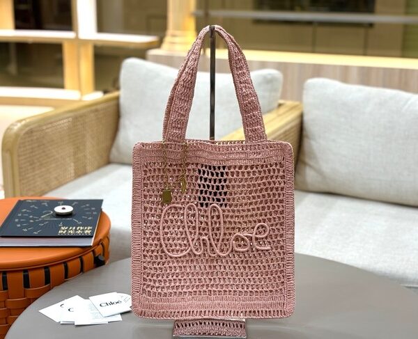 Chloe SUMMER straw and leather tote bag 0824P pink