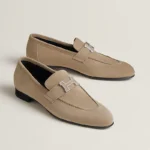 Loafer in suede goatskin with signature Paris buckle Beige