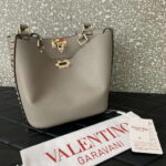 Valentino 0055 GARAVANI Rockstud Small Poudre Leather Tote Bag Gray - Image 3