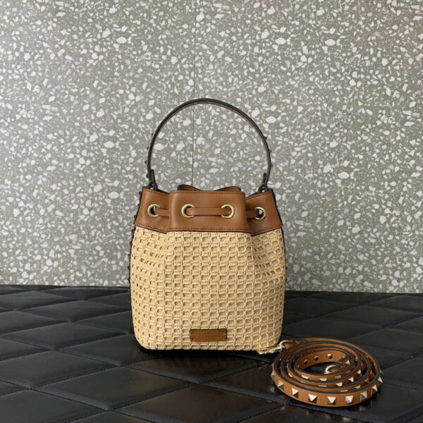 Valentino 03191 VLOGO SIGNATURE MINI BUCKET BAG IN SYNTHETIC RAFFIA