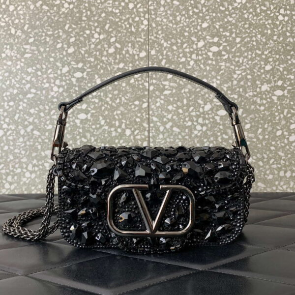  VALENTINO GARAVANI LOCÒ SHOULDER BAG WITH CRYSTALS Black