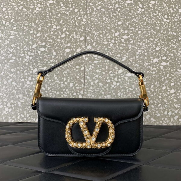Valentino Garavani Mini Loco calfskin bag with crystals Black