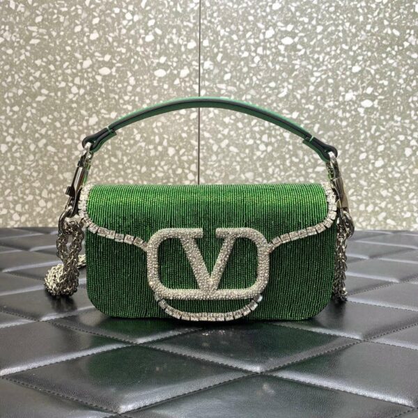 Valentino V3W CRYSTAL SILVER Valentino Locò Foldover Top Small Shoulder Bag Green