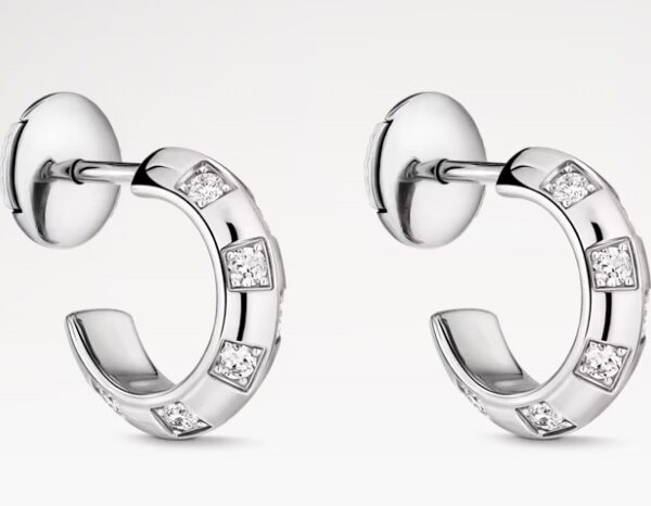 Q16838 New Le Damier de Louis Vuitton Small Hoops, White Gold and Diamonds