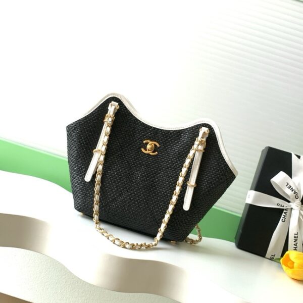 CHANEL Small Tote Braided Raffia AS6015 Black & White
