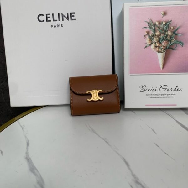 Celine SMALL FLAP WALLET TRIOMPHE IN SHINY CALFSKIN 10D783 TAN