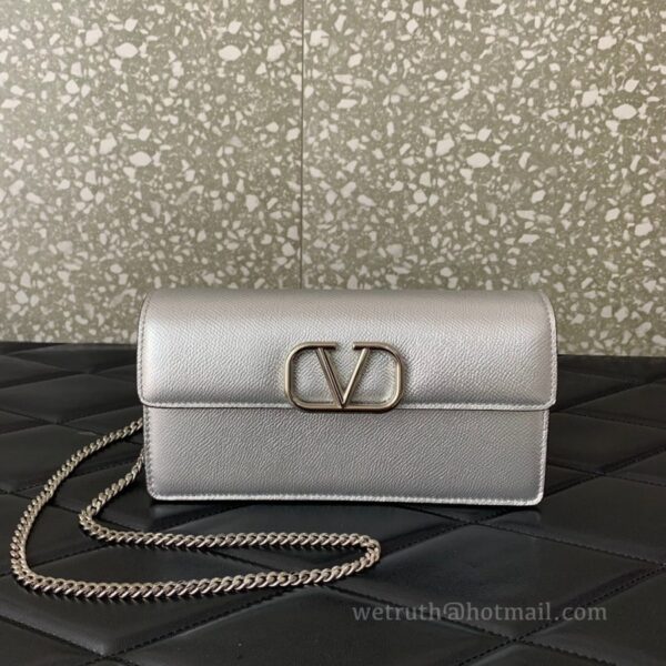 Valentino Leather Clutch Chain Shoulder Bag 061 Silver