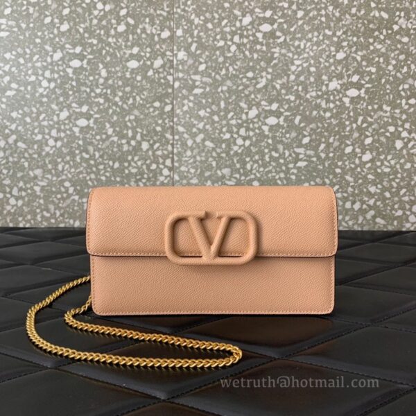 Valentino Leather Clutch Chain Shoulder Bag 061 Deep Beige
