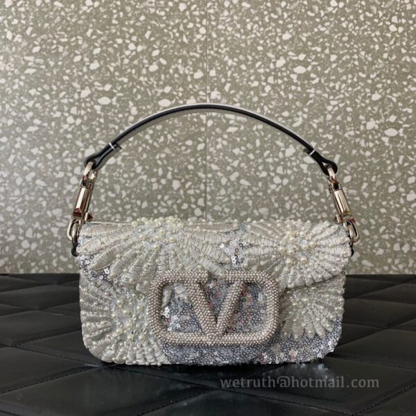 Valentino Garavani Mini Loco Embroidered  Shoulder Bag 5034 Silver